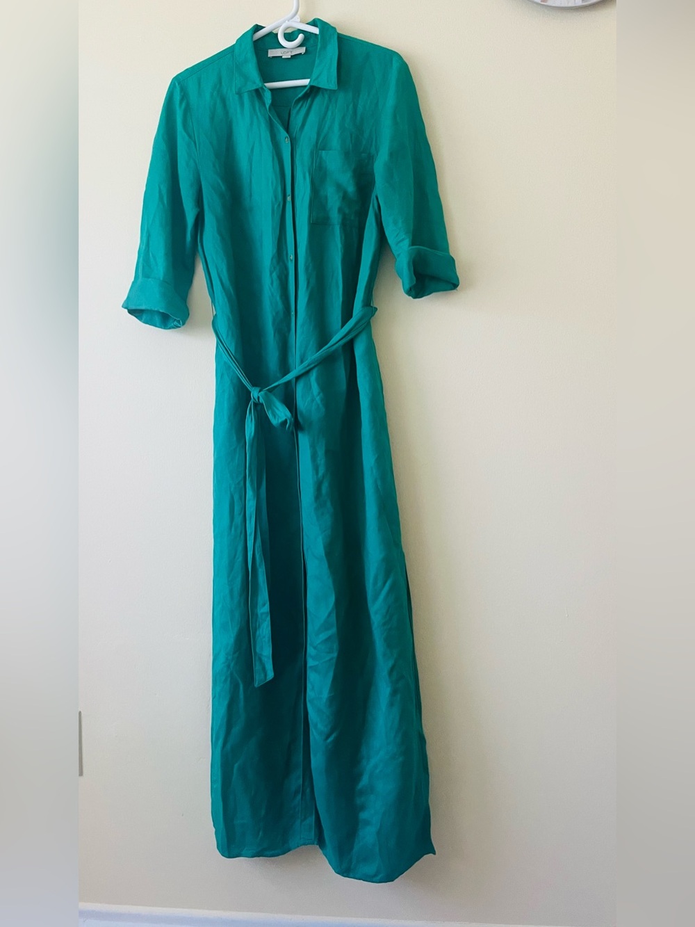 Loft Linen Blend Belted Green Maxi Shirt Dress Side Slits Sz 10 - Picture 2 of 5